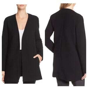Eileen Fisher Black Geometric Cardi Jacket Small Stretch Textured Open Lagenlook